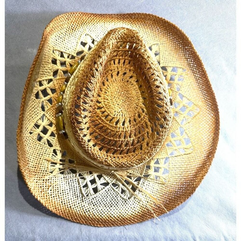 Handwoven Straw Cowboy J Hat Beaded Band Lightweight & Ventilated Design